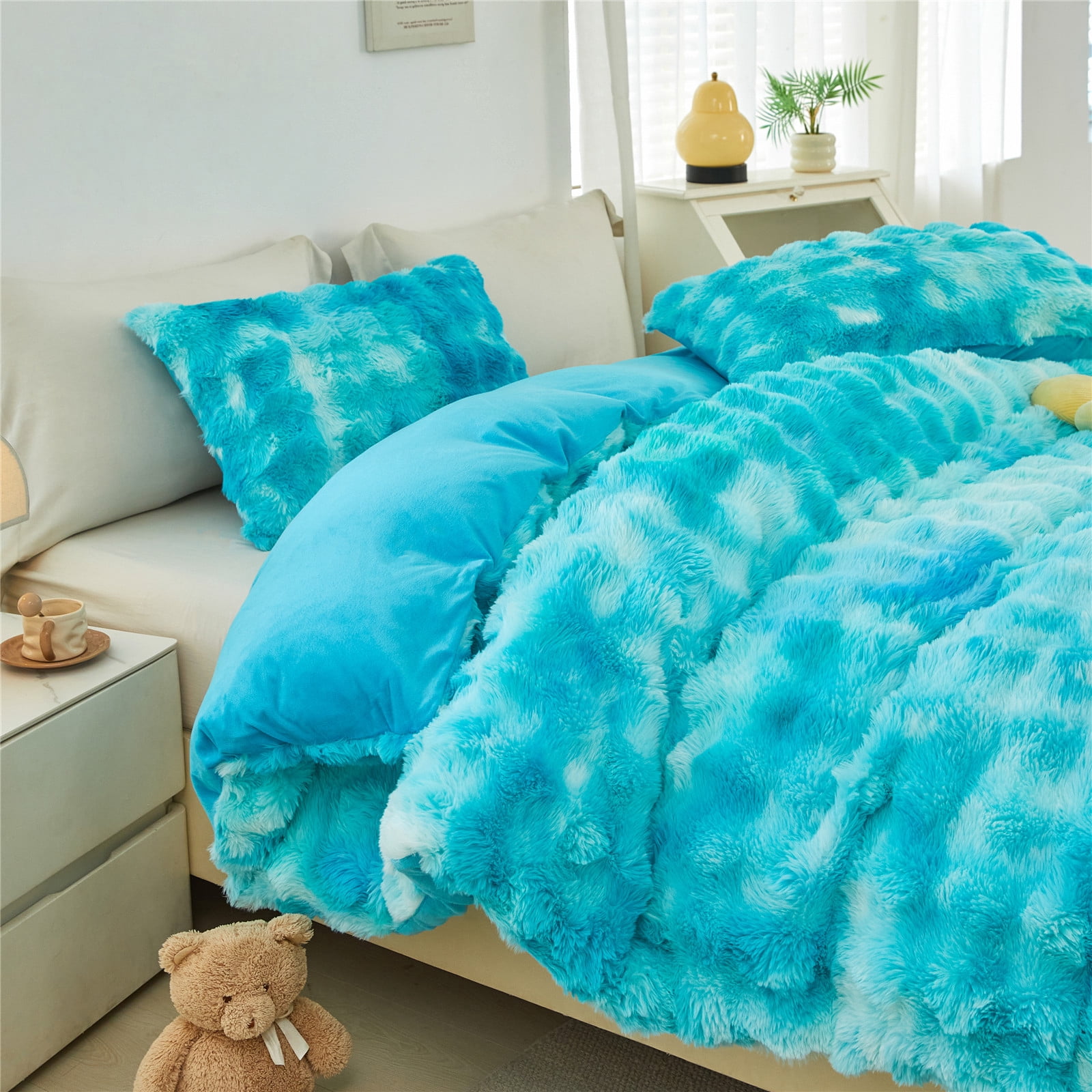 RYNGHIPY Fuzzy Comforter Set for Girls Queen 3pcs Faux Fur Bedding Set Tie Dye Teal Plush Bed Comforter Set Winter Bubble Bedding with Pi1lowcases