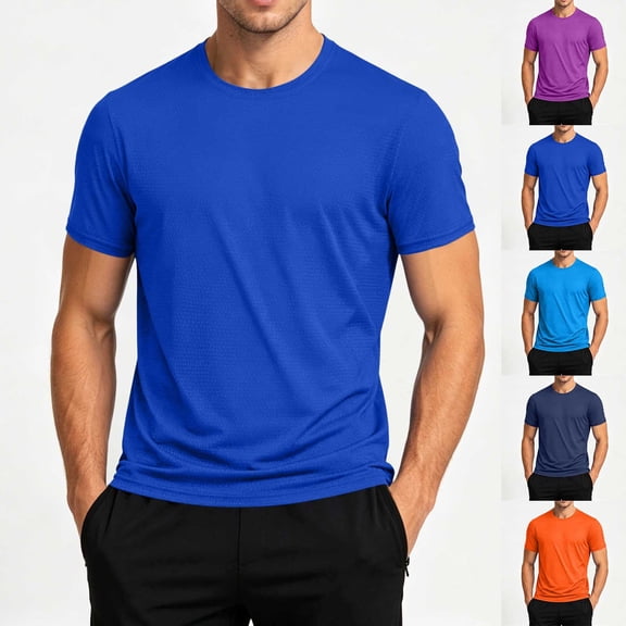 SeCaotees Crew Neck Short Sleeve Pocket T‑Shirts for Men Slim Fit Breathable Quick‑Dry Fabric Athletic Workout Daily Casual Tees Blue,L