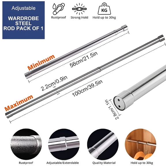 LAMIRO Extendable Clothing Rail 21.5-39.5 Inch Stainless Steel Clothes Rod with End Sockets Screws Closet Rail Pole Heavy Duty Telescopic Closet Rod for Closet Cupboard