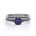 thumbnail image 3 of Art Deco Milgrain-Pronged 0.65 TCW Round Brilliant Cut Lab Created Alexandrite and Black Diamond Pave Bridal Ring Set in 18K White Gold Plating over Silver, 3 of 6