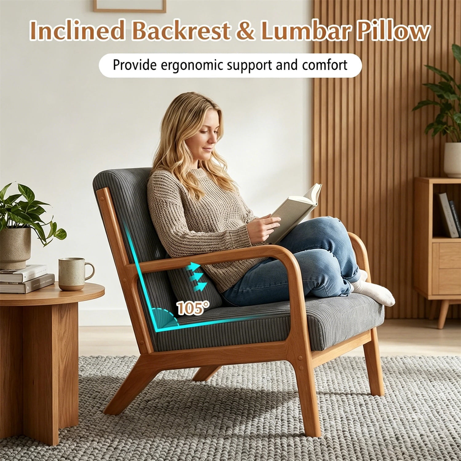 Hommoo Modern Accent Chair, Striped Corduroy Fabric Arm Chair with Solid Wood Frame, Upholstered Comfy Reading Chair for Home, Gray
