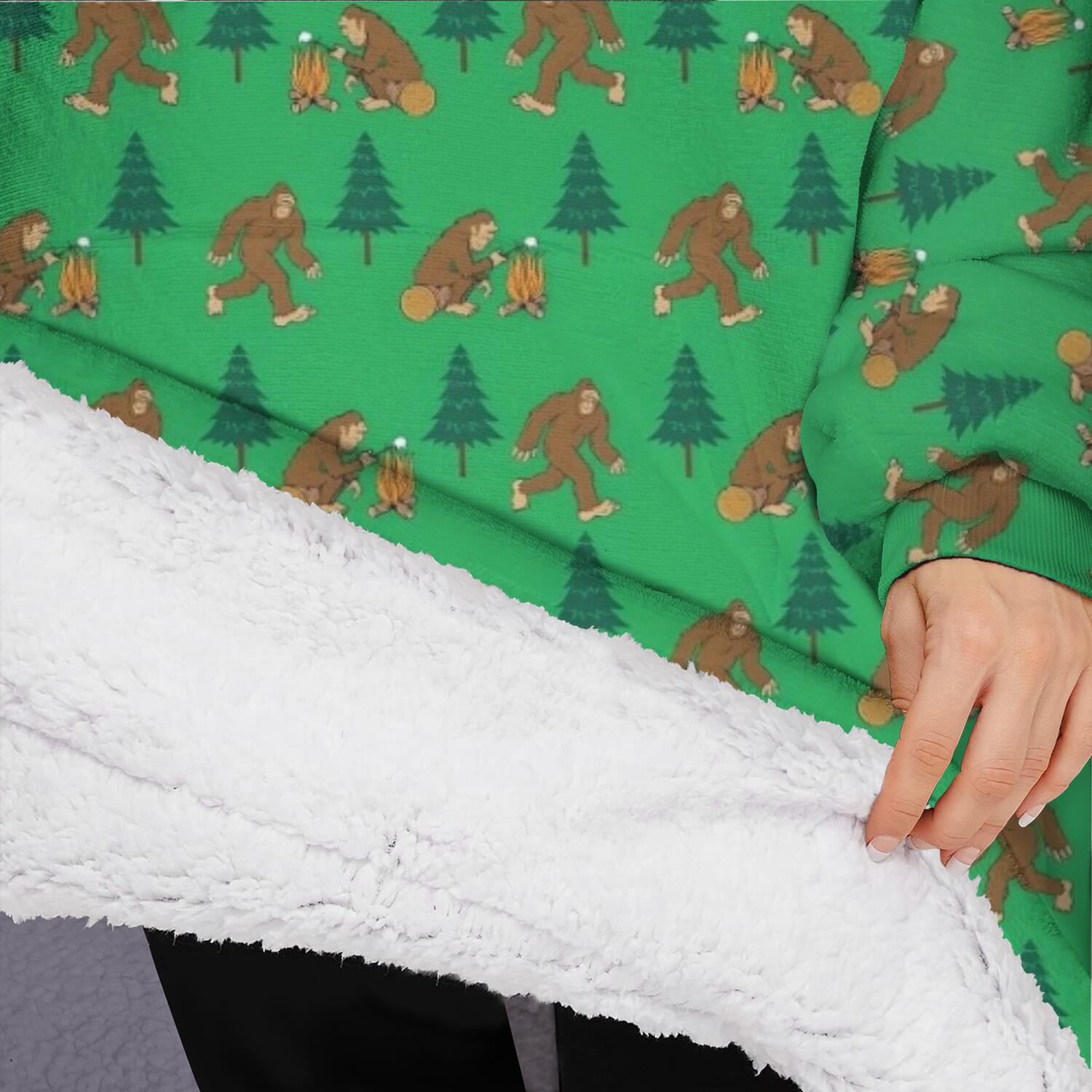 Oversized Wearable Blanket Hoodie,Green Bigfoot and Campfire Pattern Sherpa Blanket Hoodie with Super Pockets,Super Warm Fuzzy Pullover for Women & Men