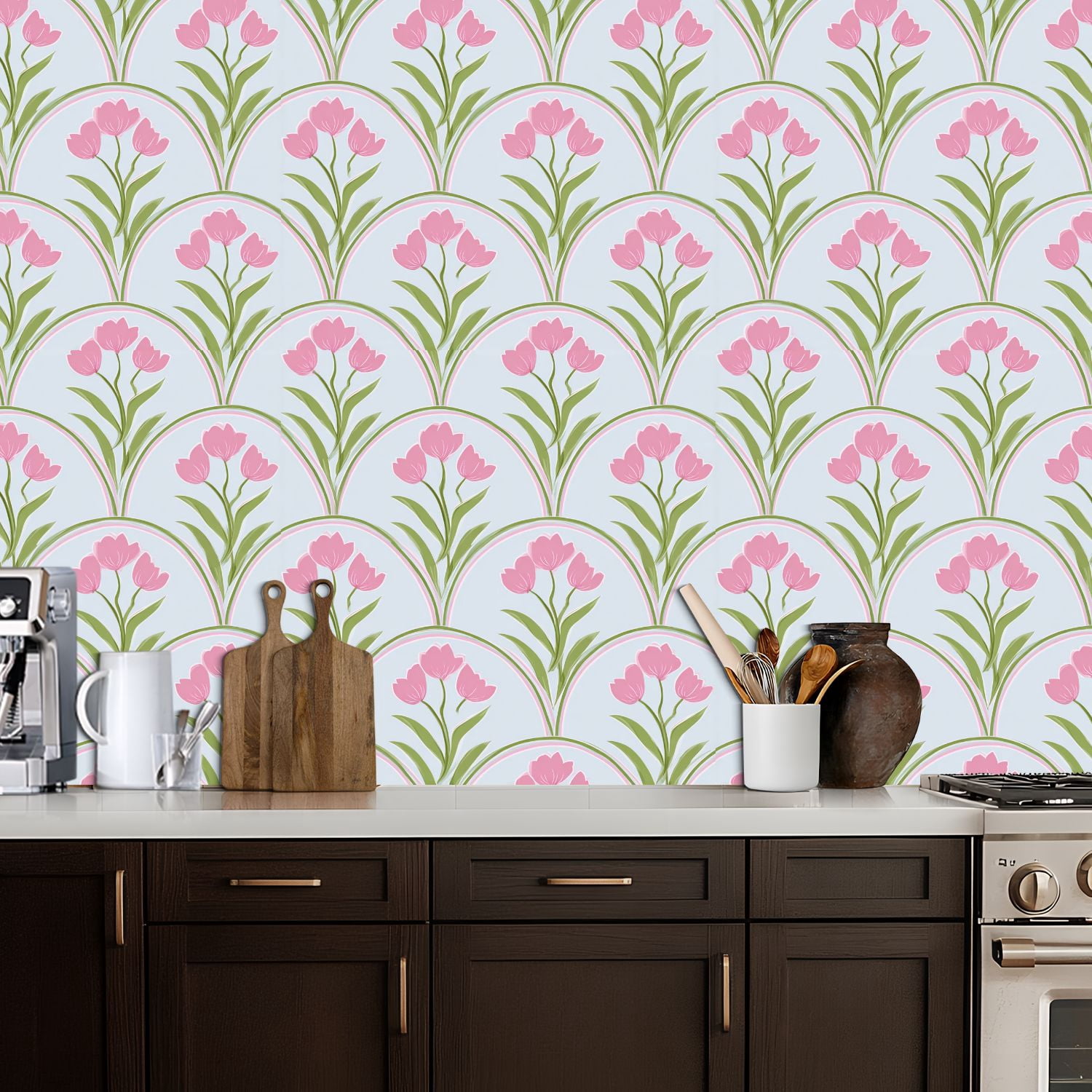 Peel and Stick Wallpaper Pink Tulip Floral Green Leaves Arched Design Light Blue Wall Mural 17.7in x 9.8ft Self Adhesive Removable Wall Paper Renter Friendly Wallpaper for Nursery Bedroom Cabinets