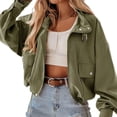 thumbnail image 2 of Long Sleeve Solid Cropped Bomber Jacket Women Loose Zipper Crop Coat with Pocket, 2 of 6