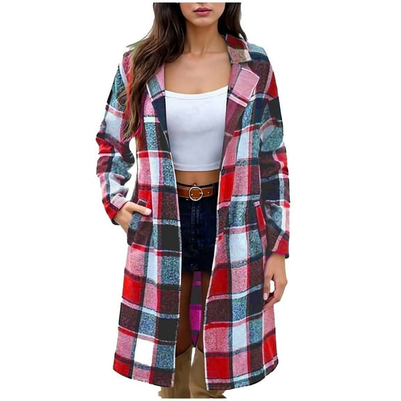 ZHYou Women Plaid Shacket Jackets,Flannel Casual Button Wool Blend Tartan Trench Coat,Winter Clothing with Pockets,Wine,Size:2XL
