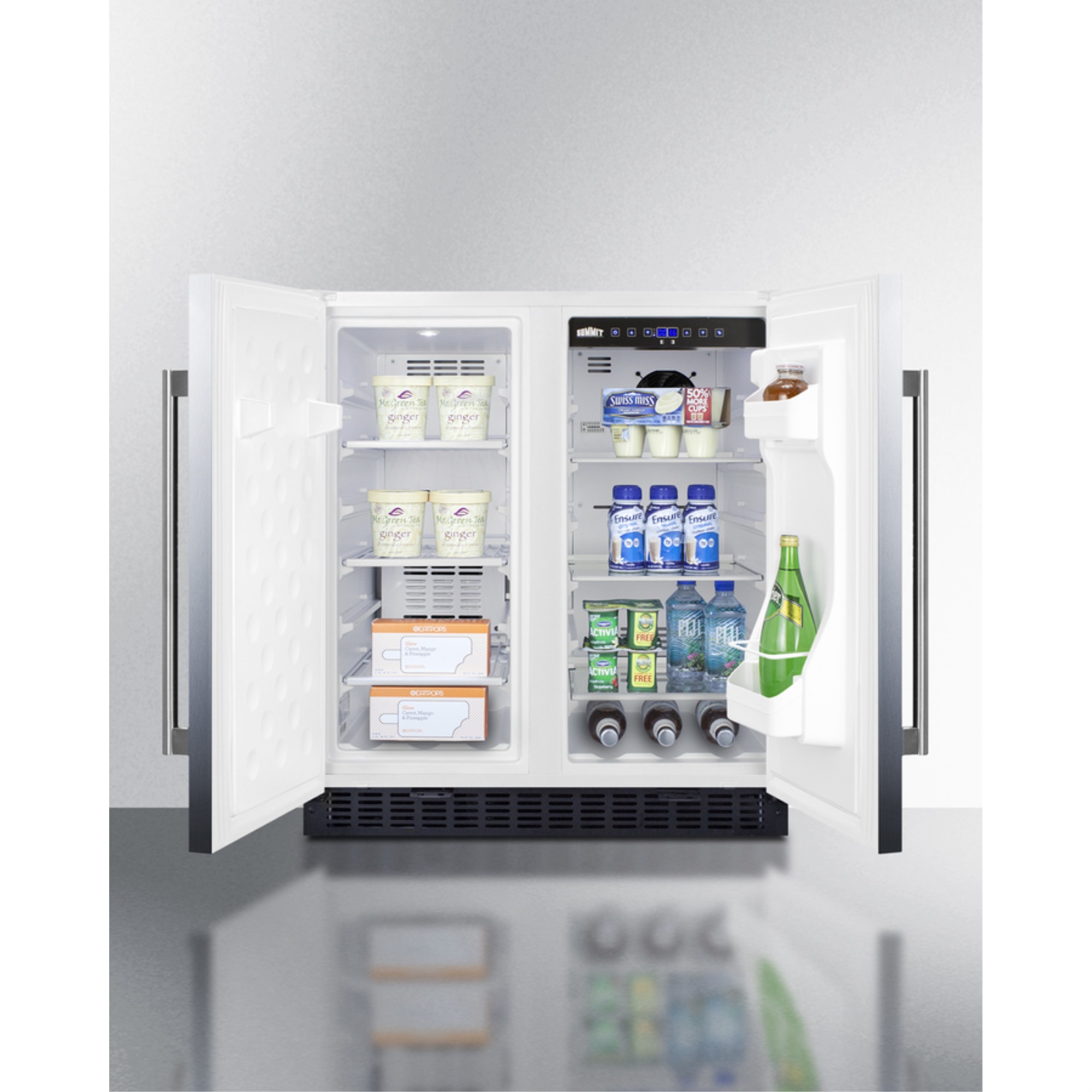 30" wide undercounter frost-free side-by-side refrigerator-freezer with stainless steel doors, white cabinet, locks, stainless steel handles, and digital controls - image 5 of 5