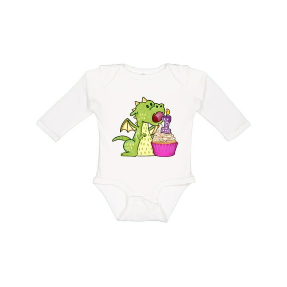 Inktastic Dragon Cupcake 1st Birthday Boys or Girls Long Sleeve Baby Bodysuit