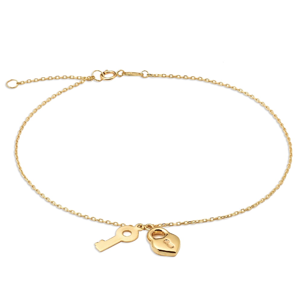 LOVEBLING 10K Yellow Gold .50mm Diamond Cut Rolo Chain with a Lock and Key pendants Anklet Adjustable 9" to 10" (#10)