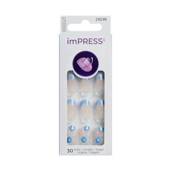 KISS imPRESS Design  Press on Nails, Beach Please, Blue, Short Oval, 30 Count