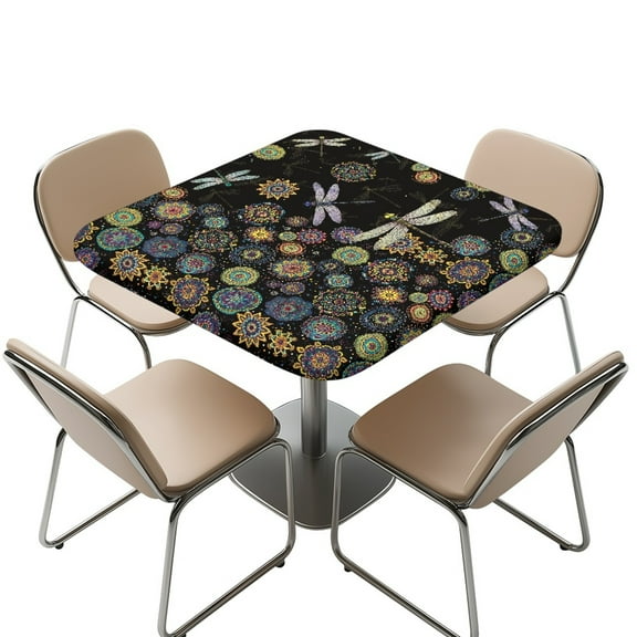 FKELYI Bohemian Floral Dragonfly Print Tablecloth Outdoor Table Cover with Elastic Edge Waterproof Square Fitted Table Cloths for Kitchen Dining Room Decoration, 34x34 inch