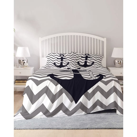 4 Piece Full Sheet Set Grey Zigzag Sheets Set for Full Size Bed, Breathable Soft Microfiber Bed Sheets Cooling Coastal Nautical Anchor Stripes Fitted Sheet Deep Pocket, Pillowcases