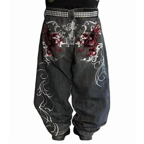 Pantalones vaqueros unisex estilo hip-hop gótico urbano de talle alto y corte holgado con diseños rasgados y bordados for hombre y mujer