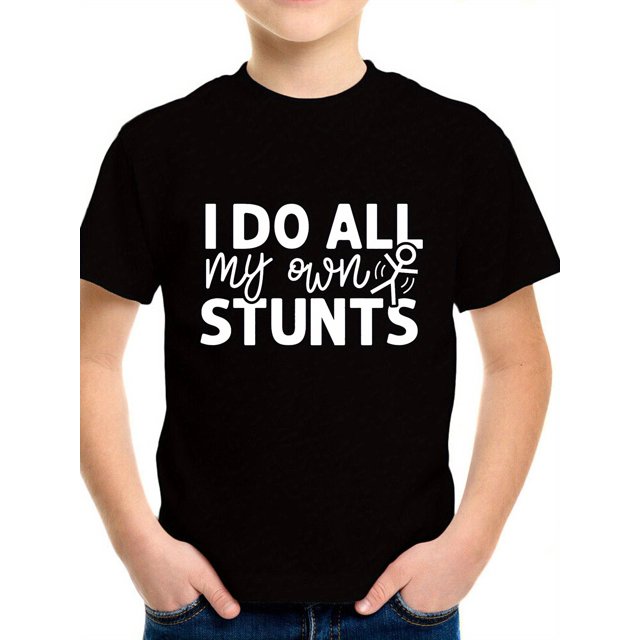 I Do All My Own Stunts Print Tee, Boys Comfy & Breathable Cotton T-shirt For Spring & Summer, Boys Clothing For Outdoor Activities, As Gifts