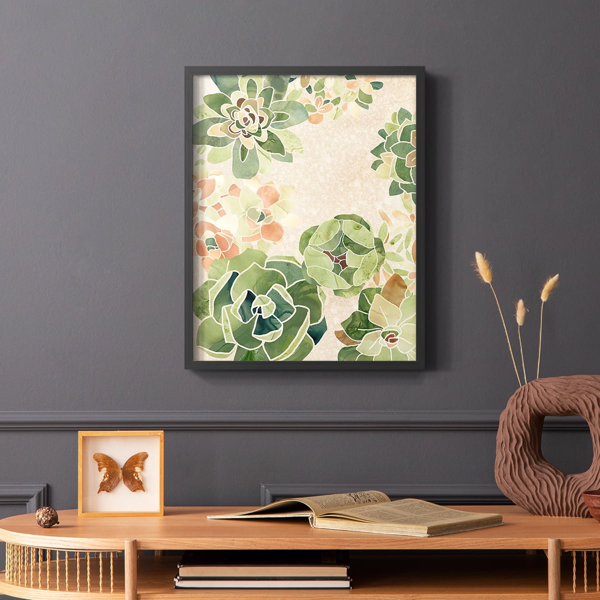 Stained Glass Succulents I Framed Print in Black Solid Wood Framed Print No Nail Hanging