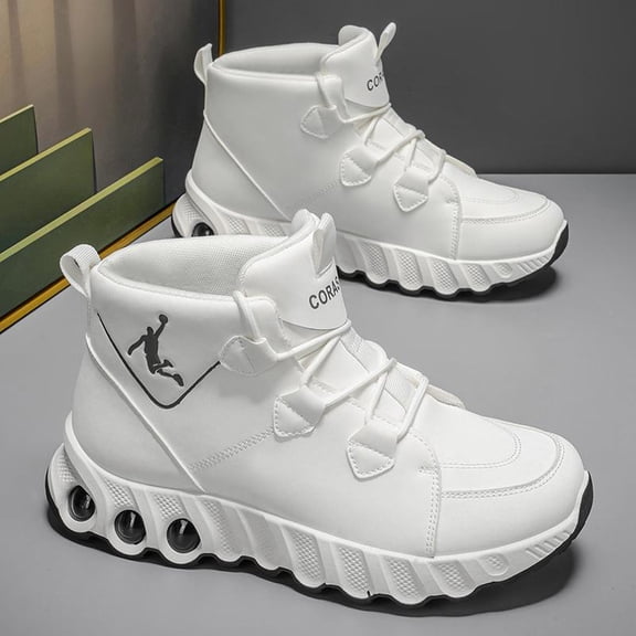 CORASUN Men's White Athletic Sneakers with Air Cushion, Waterproof PU Leather Lightweight Non-Slip Running Shoes for Men & Teens, Gym and Daily Casual