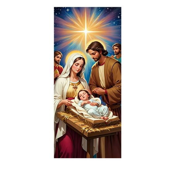 SLYNSHome Christmas Door Cover Decoration,Christmas Nativity Scene Front Door Cover Religious Jesus Birth Background Hanging Banner Xmas Holiday Decoration