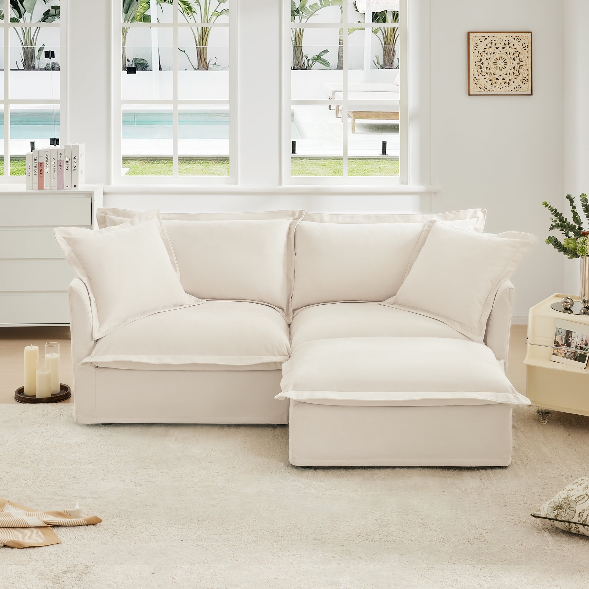 Gewnee Chenille Fabric Cream Sectional 2 Seater Sofa Couch with Convertible Ottoman, Wide and Deep Seat L Shaped Sofa For Living