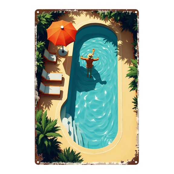 A flat metal wall panel depicting a classic poolside resort theme, durable and suitable for decorating homes, kitchens, bars, gardens, and holiday cottages, featuring a vintage design.