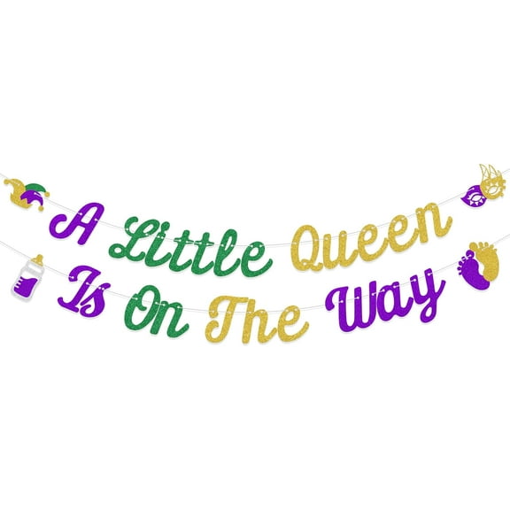 A Little Queen Is On The Way Banner, Mardi Gras Baby Shower Decorations, Baby Gras Mardi Gras Theme Party Decor Sign, King or Queen What Will Baby Be Gender Reveal Party Supplies Purple Green & Gold