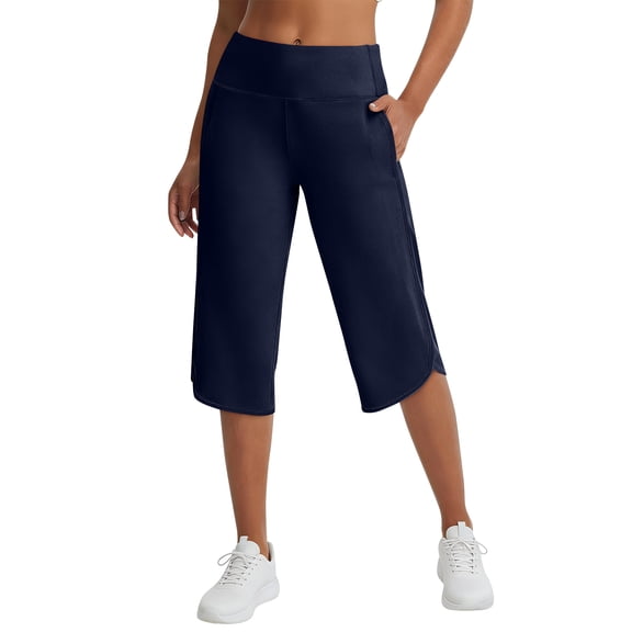 MLQIDK Navy Yoga Capri Pants for Women Trendy Summer Yoga Leggings Knee Length Elastic Waist Pedal Pushers Dressy Casual Capri Leggings with Pockets Navy S