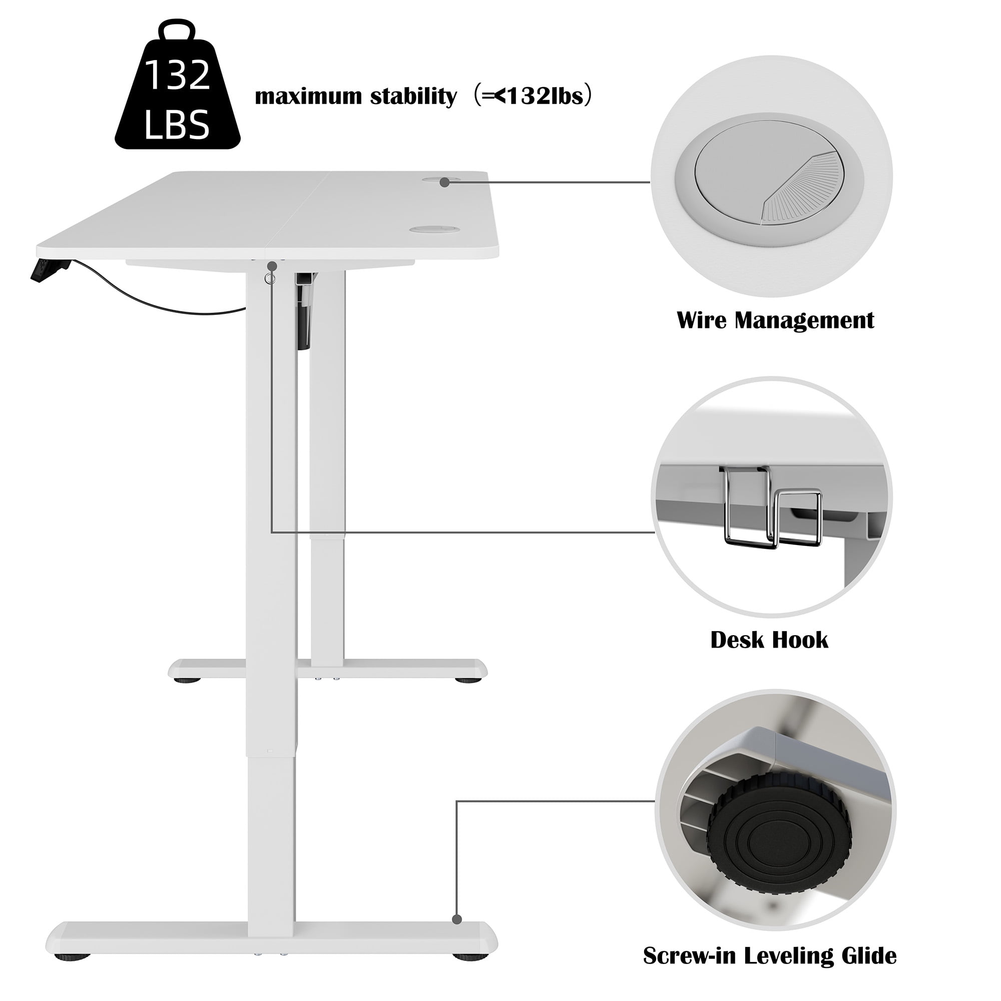 Walsunny Electric Standing Desk, Adjustable Height Gaming Desk, 47.2 x 23.6 Inches Ergonomic Stand Desk with Electric Lift, Home Office Desk with White Frame/White Top