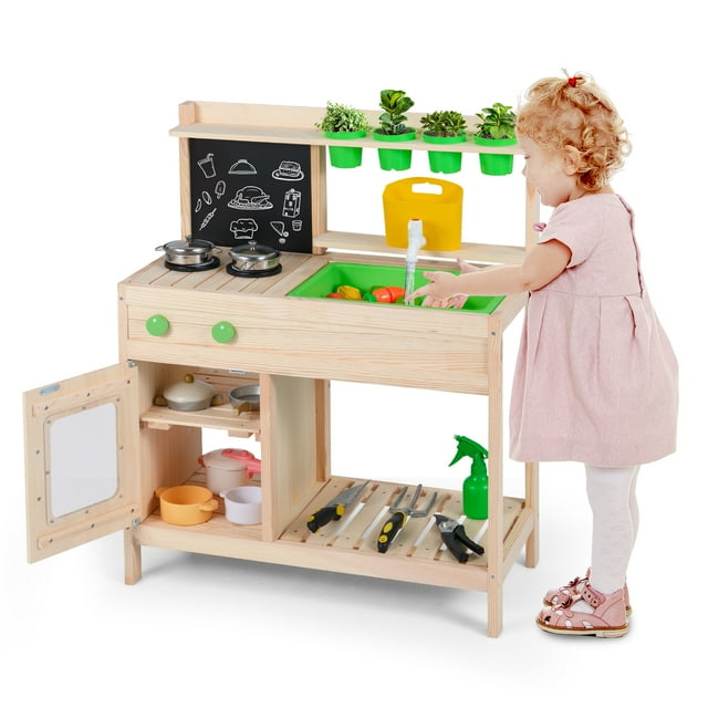 Gymax Kids Mud Kitchen Play Pretend Kitchen w/ Chalkboard Stoves Faucet Sink