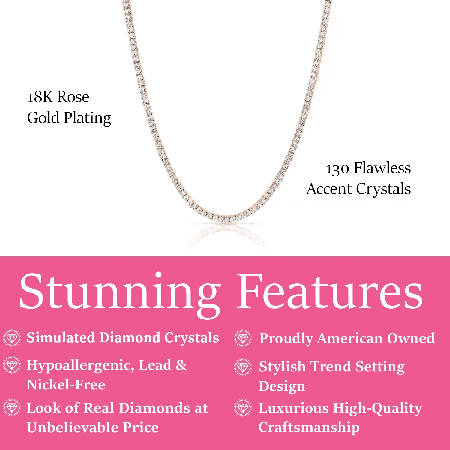 Cate & Chloe Kaylee 18k Rose Gold Plated Tennis Necklace with Simulated Crystals Gift for Women