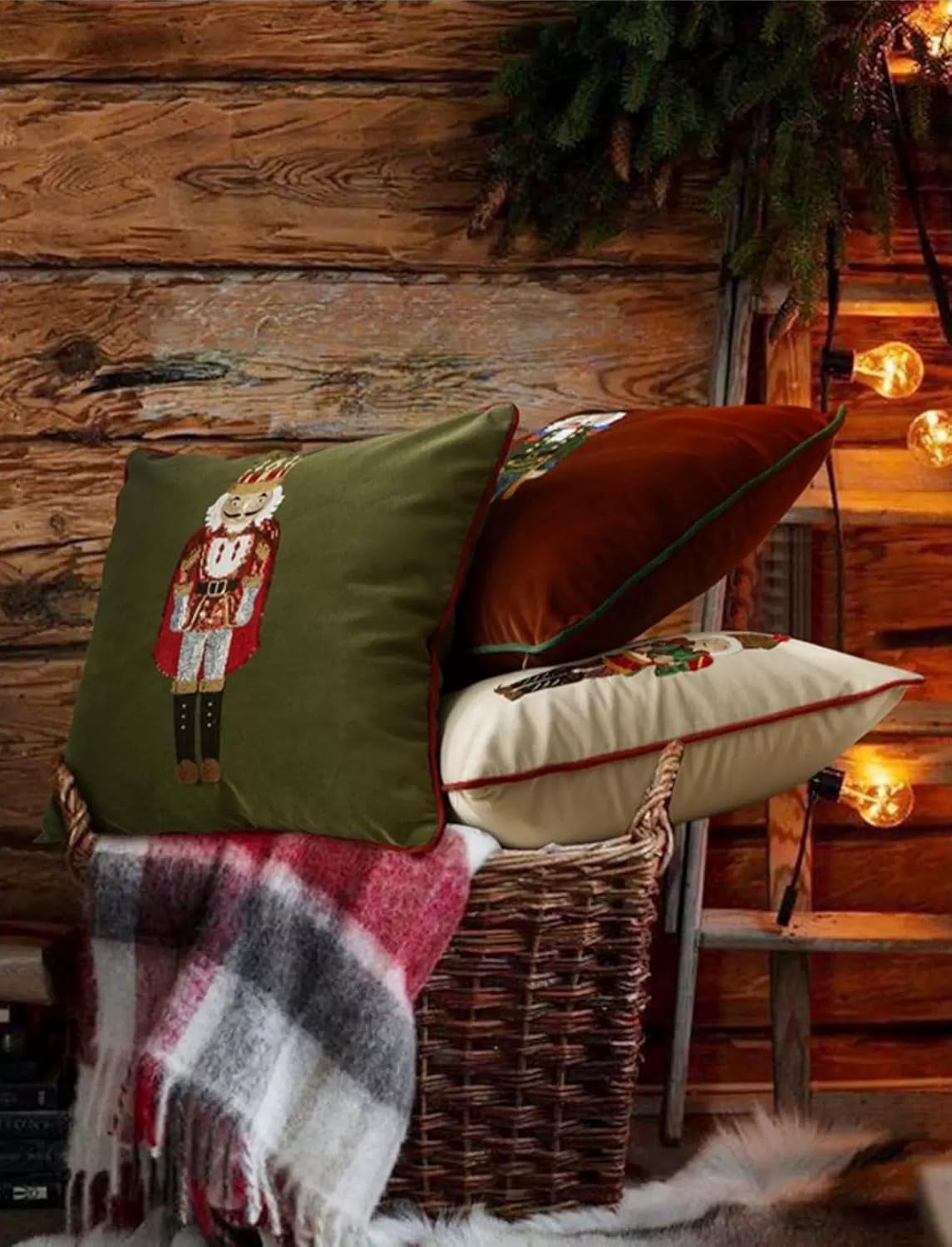 Fennco Styles Embroidered Sequin Nutcracker Velvet Throw Pillow Cover 18" W x 18" L - Brown Festive Cushion Case for Home, Christmas, Winter Holidays Décor, and Special Occasions