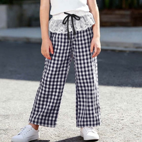 ATOGUTA Gym Pants Girls Wide Leg School Uniform Pants Kids Elastic Waist Flowy Summer Beach Lounge Trousers with Pockets Size 1T-11, Black