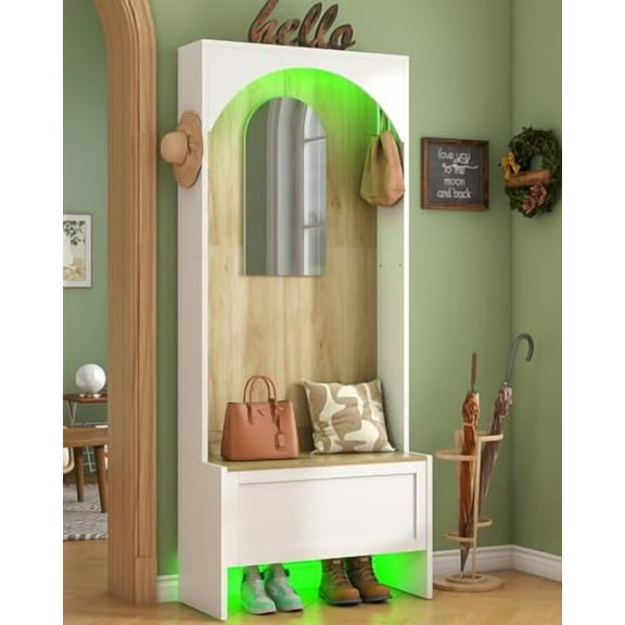 LED Arched Hall Tree with  and Storage, Entryway  with Coat Rack and Mirror, Mudroom Storage, Entryway Furniture, 4 Coat Hooks