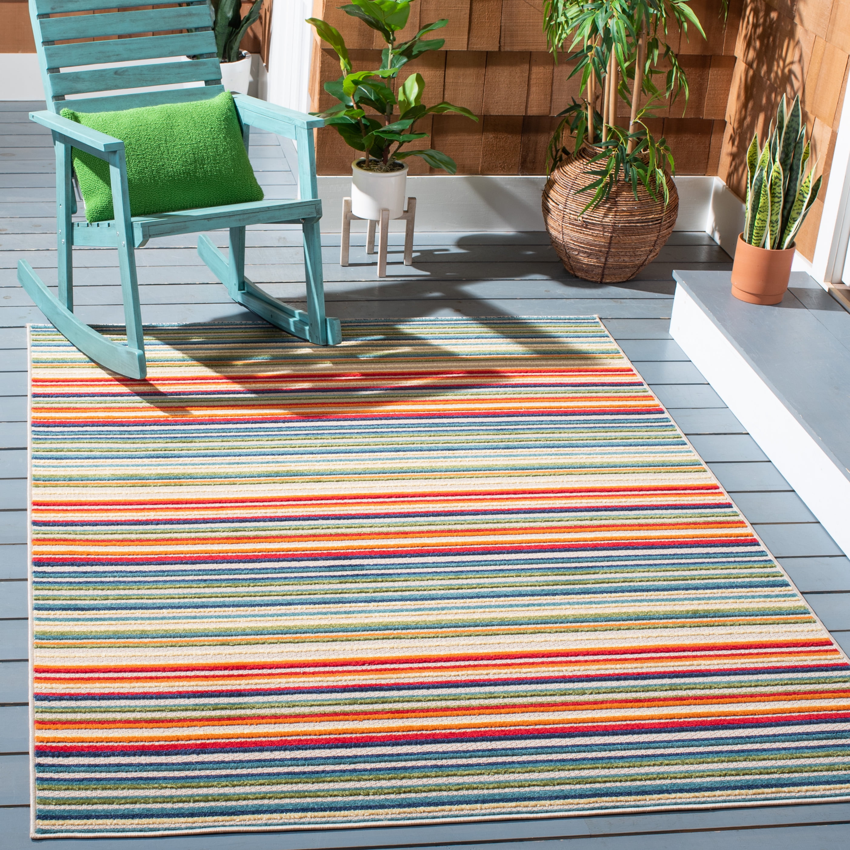 SAFAVIEH Cabana Fedelma Striped Indoor/Outdoor Area Rug, Ivory/Green, 6'7" x 6'7" Square
