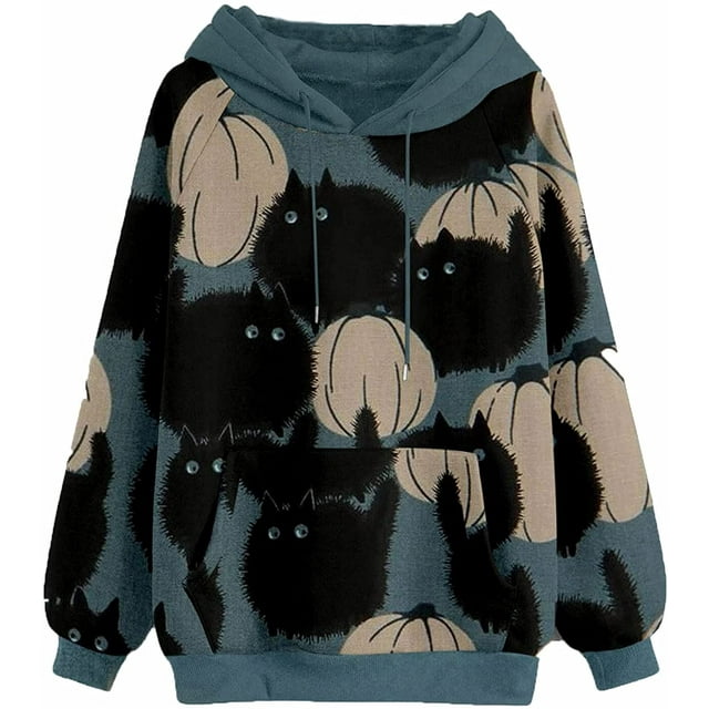Pumpkin Cat Sweatshirt Femme Halloween Col Rond Pull Manches Longues Tops Décontracté Ample