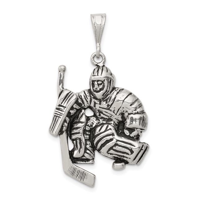 925 Sterling Silver Vintage Hockey Goalie Stick Puck Glove Player Necklace Charm Pendant Sport