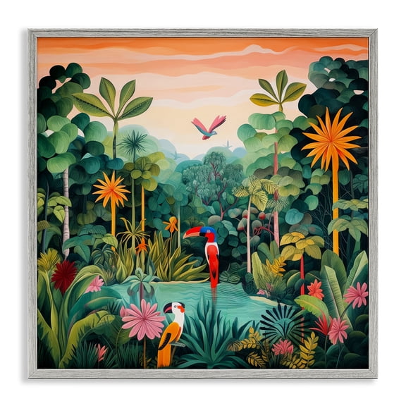 Stupell Industries Bohemian Parrots & Tropical Pond Gray Framed Giclee Art, 12 x 12, by Lazar Studio