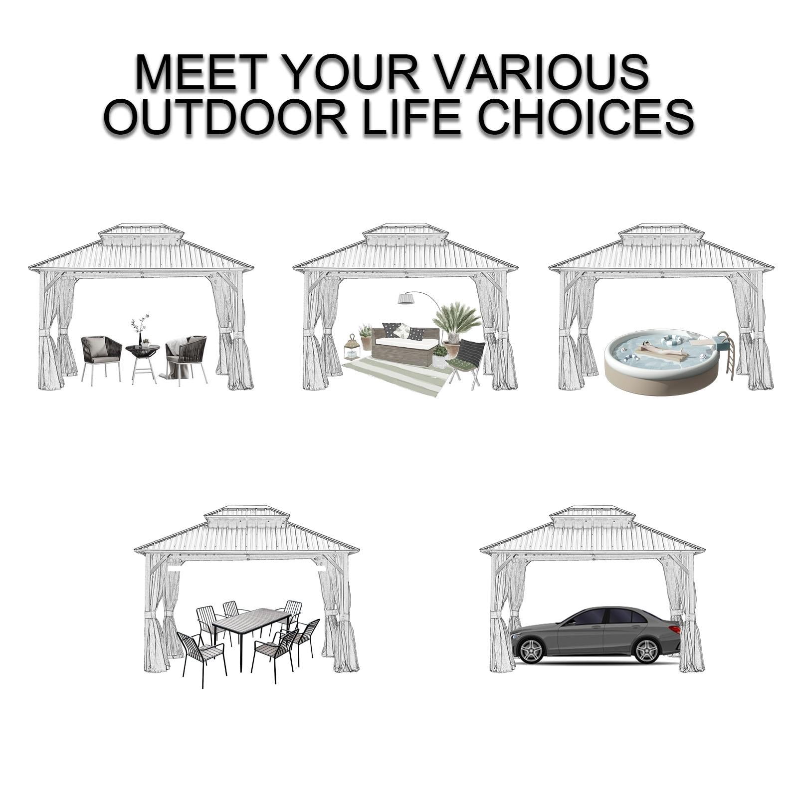 Sunmthink 10x12 ft. Hardtop Gazebos, Double Roof Galvanized Steel Outdoor Aluminum Frame Canopy with Netting and Curtains, Grey