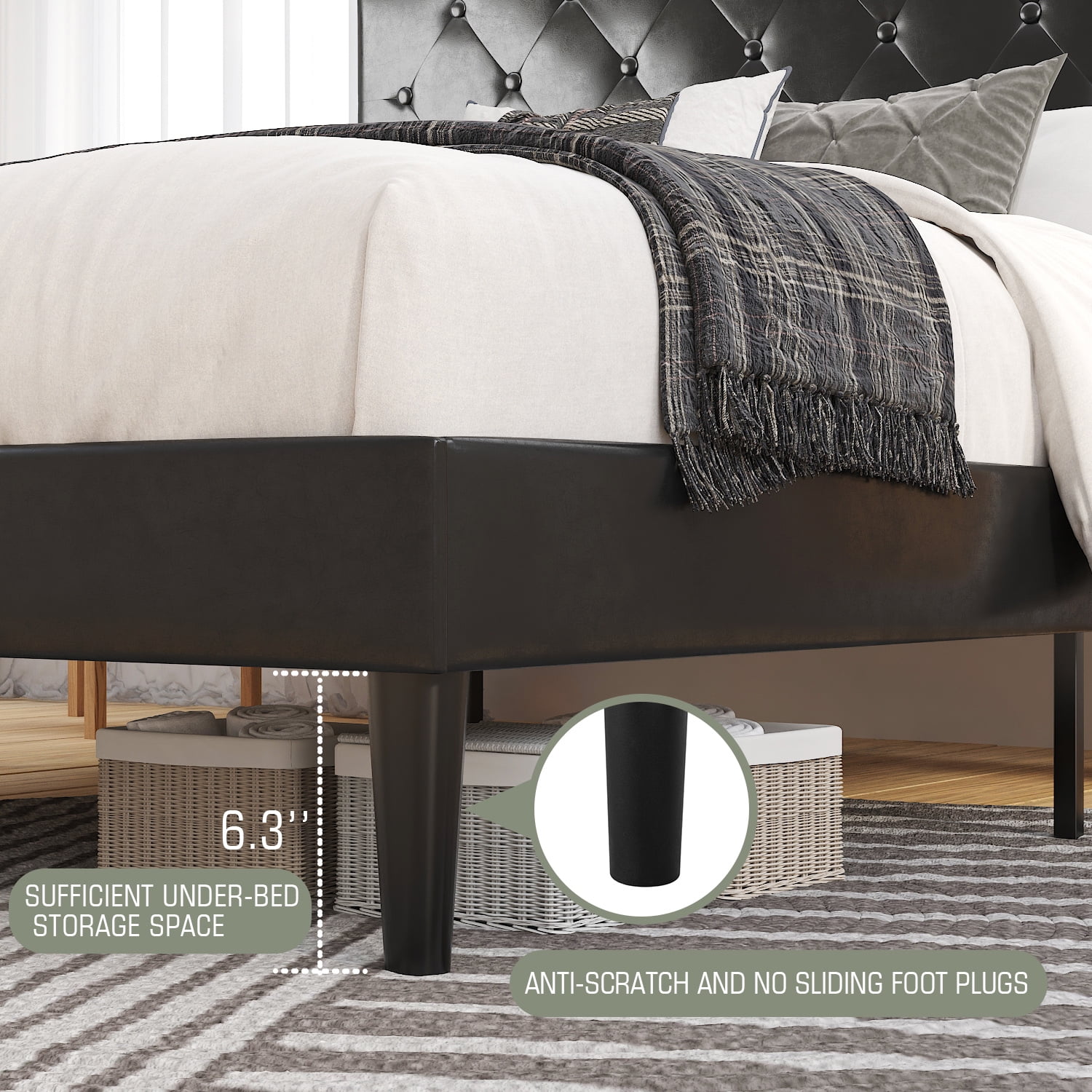 Sha Cerlin King Size Platform bed frame with Adjustable Leather Tufted Headboard, Black