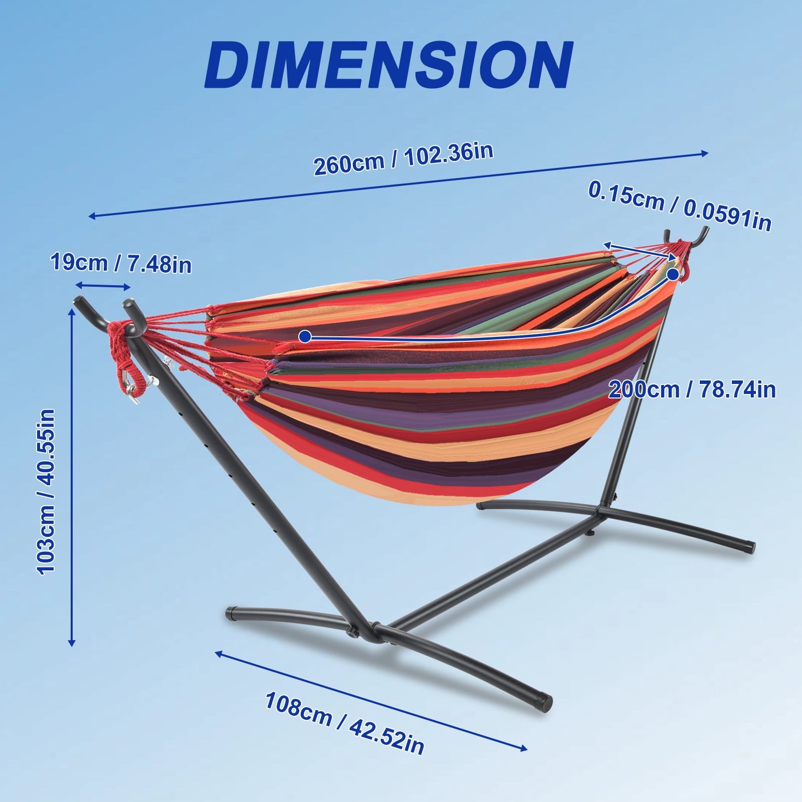 Double Hammock with Stand Sturdy 440lbs Capacity Hammock for Camping Outside Garden Outdoor Indoor Patio Backyard, Rainbow
