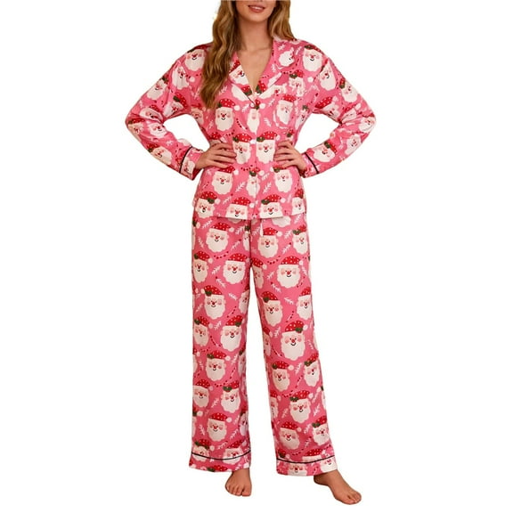 Women Cute Santa Christmas Satin Silky Pajama Set 2 Piece Loungewear Y2k Button Up Blouse Pjs Pants Pajamas Rose Red S