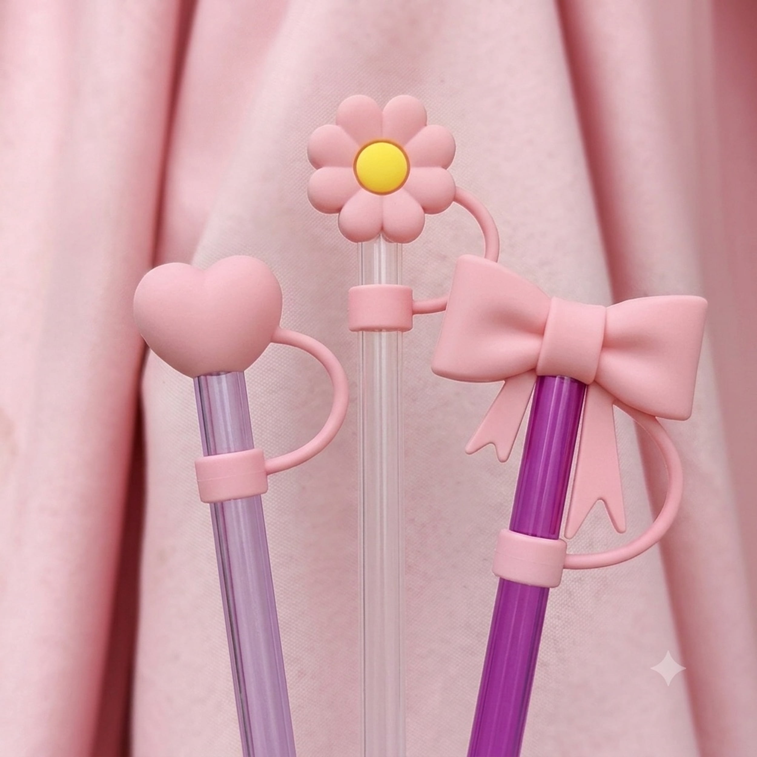 Biddlebee Pink Heart, Flower and Bow Straw Toppers, 3-Pack