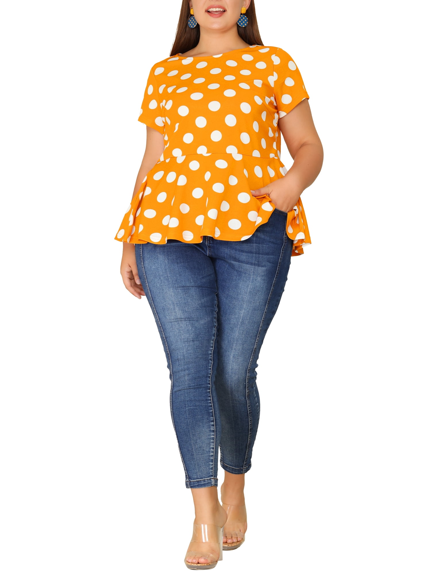 Unique Bargains Women's Plus Size Short Sleeves Polka Dots Outfits Fashion Peplum Blouse