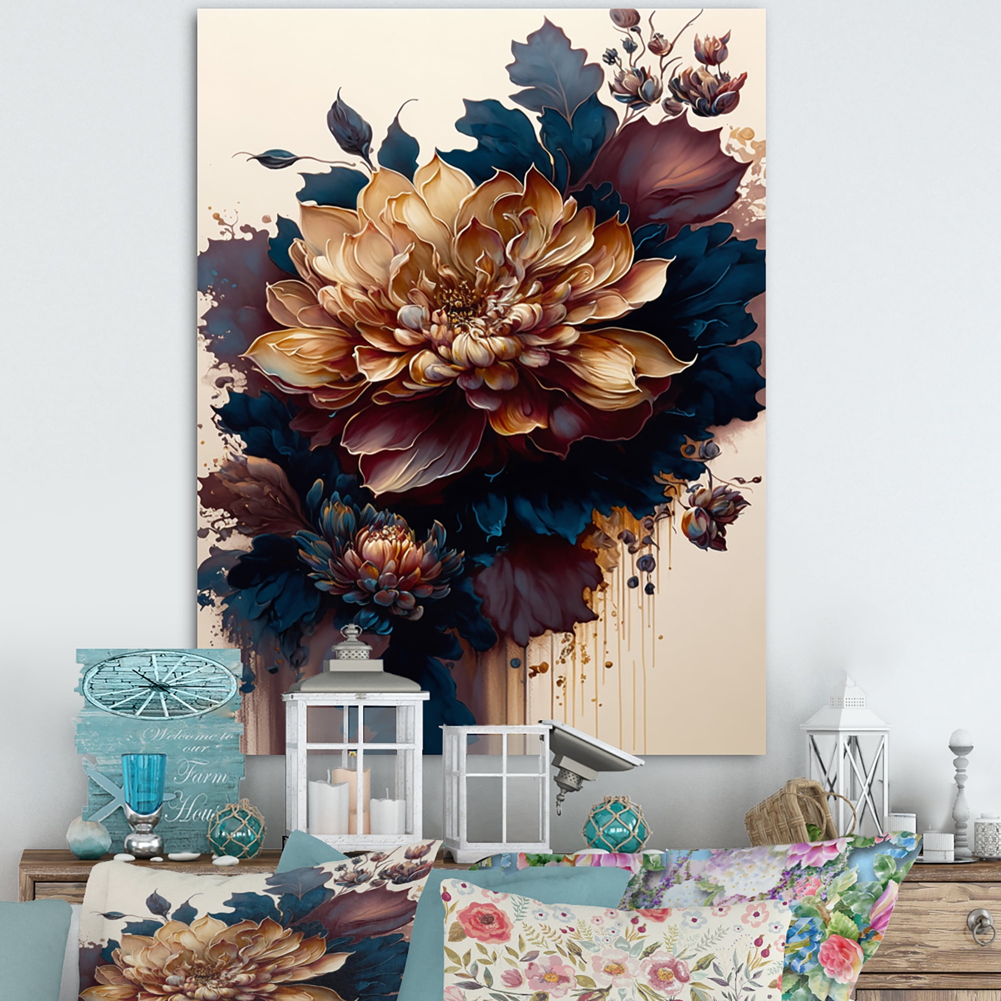 Designart Burgundy And Blue Dahlia Bunch II Canvas Wall Art