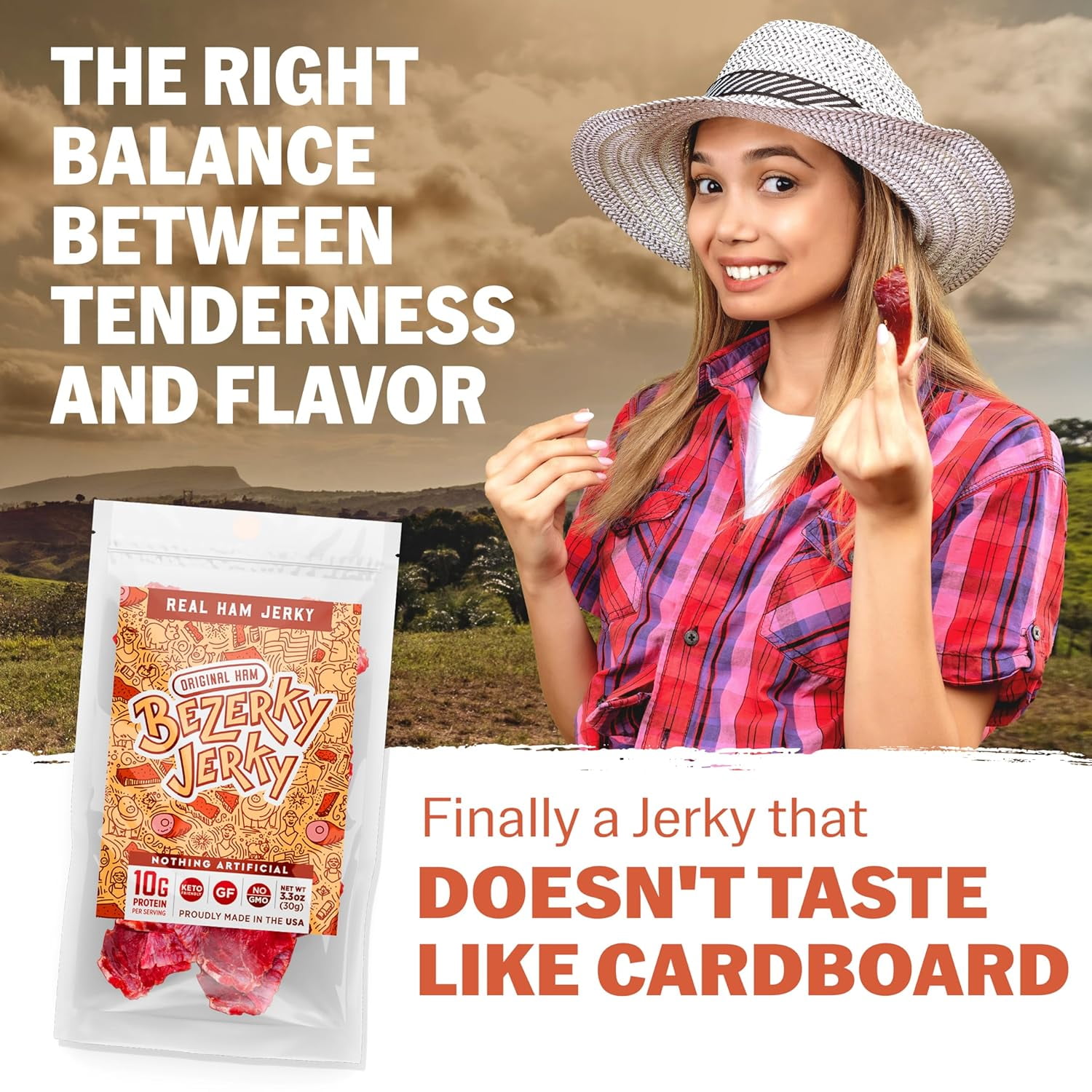 Bezerky Jerky All-Natural Premium Ham Jerky, Keto-Friendly, Made in the USA, Gluten-Free, Non-GMO, Low Carbs, High Protein Snacks, Old Fashioned Recipe, 3.3 Oz (Pack of 3)