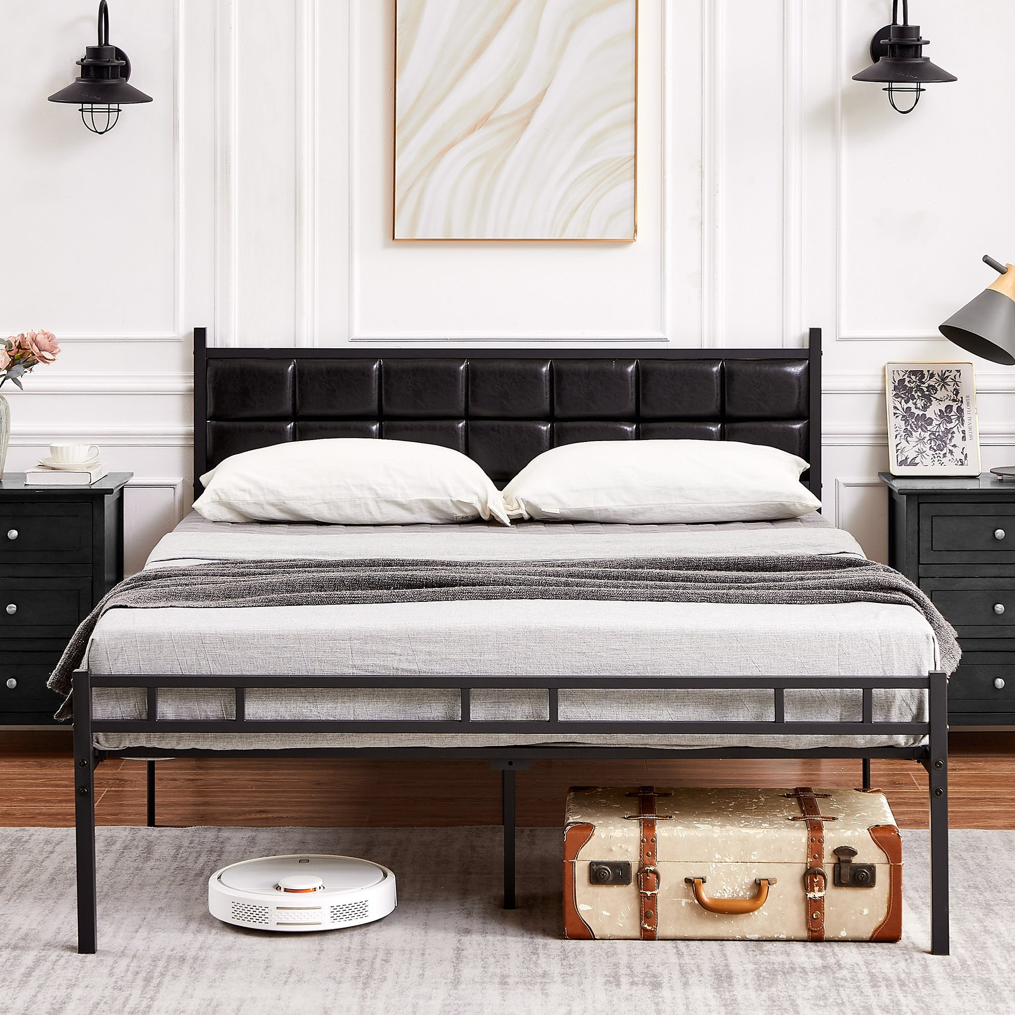 Taomika, Queen Size Faux Leather Tufted Bed, Black Bed Frame
