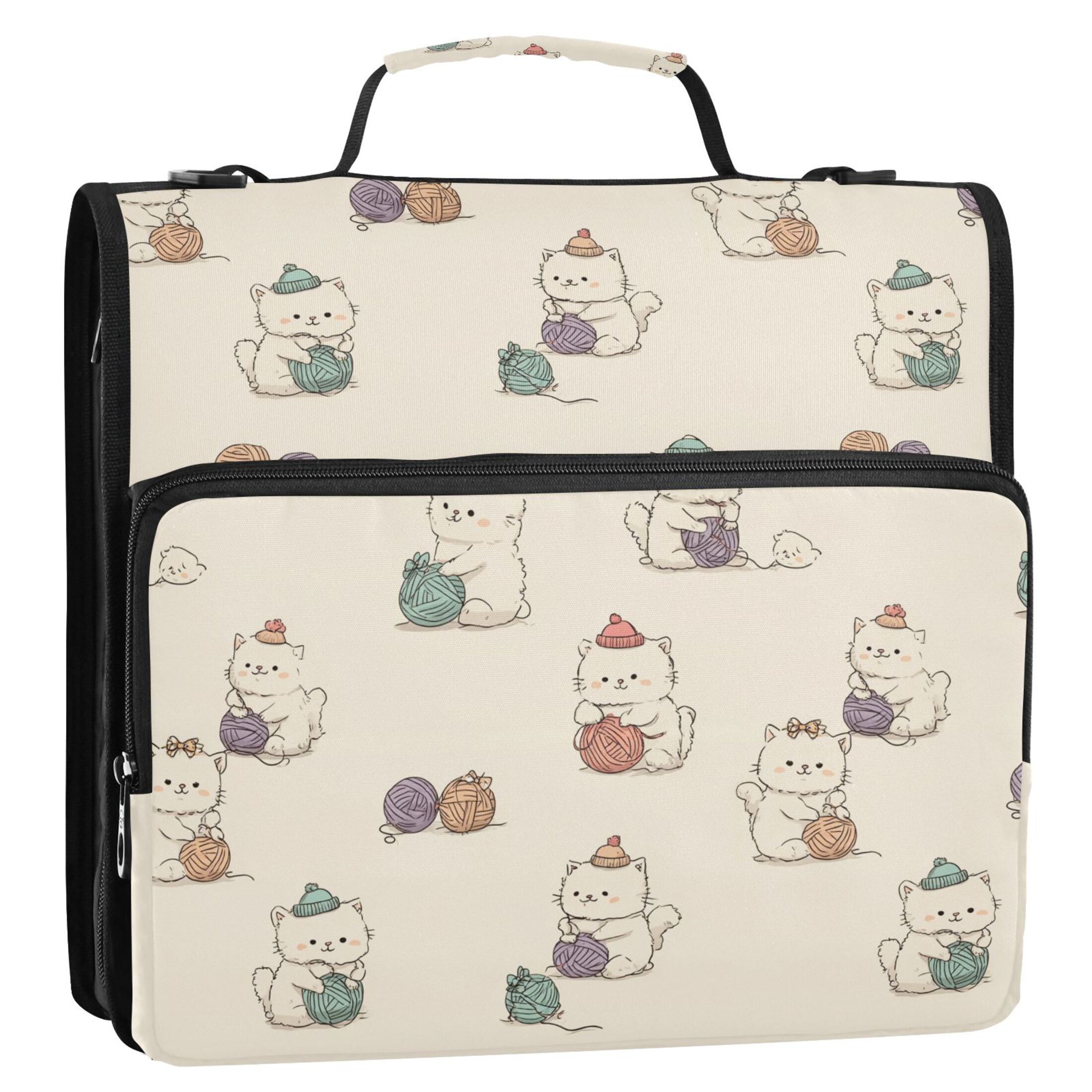 Zipper Binder Cute Fluffy Cartoon Cats 1.5 Inch Binder Folder Bag with Shoulder Strap and Handle