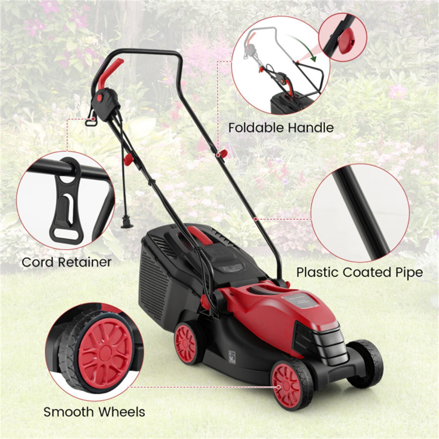 12 ampere 13.5 inch electric rope lawn mower with dual safety switches -Red