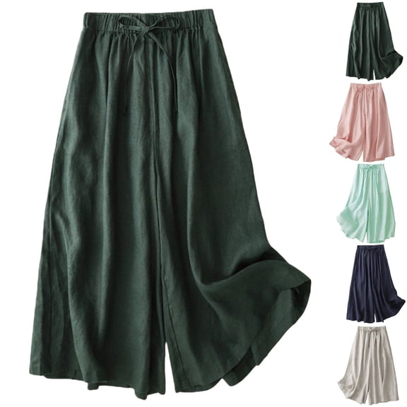 Delayuji Womens Cotton Linen Pants Casual Elastic Waist Wide Leg Pants Loose Slimming Ankle Length Pants Summer Trendy