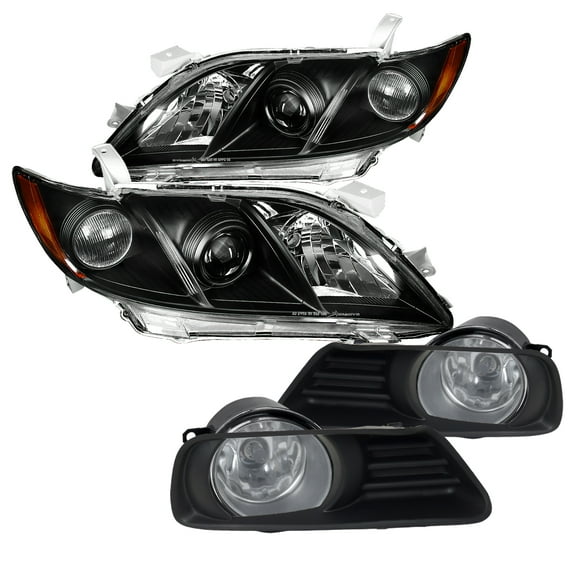 Spec-D Tuning Black Amber Projector Headlights   Clear Fog Driving Lamps Compatible with 2007-2009 Toyota Camry Left   Right Pair Headlamps Assembly