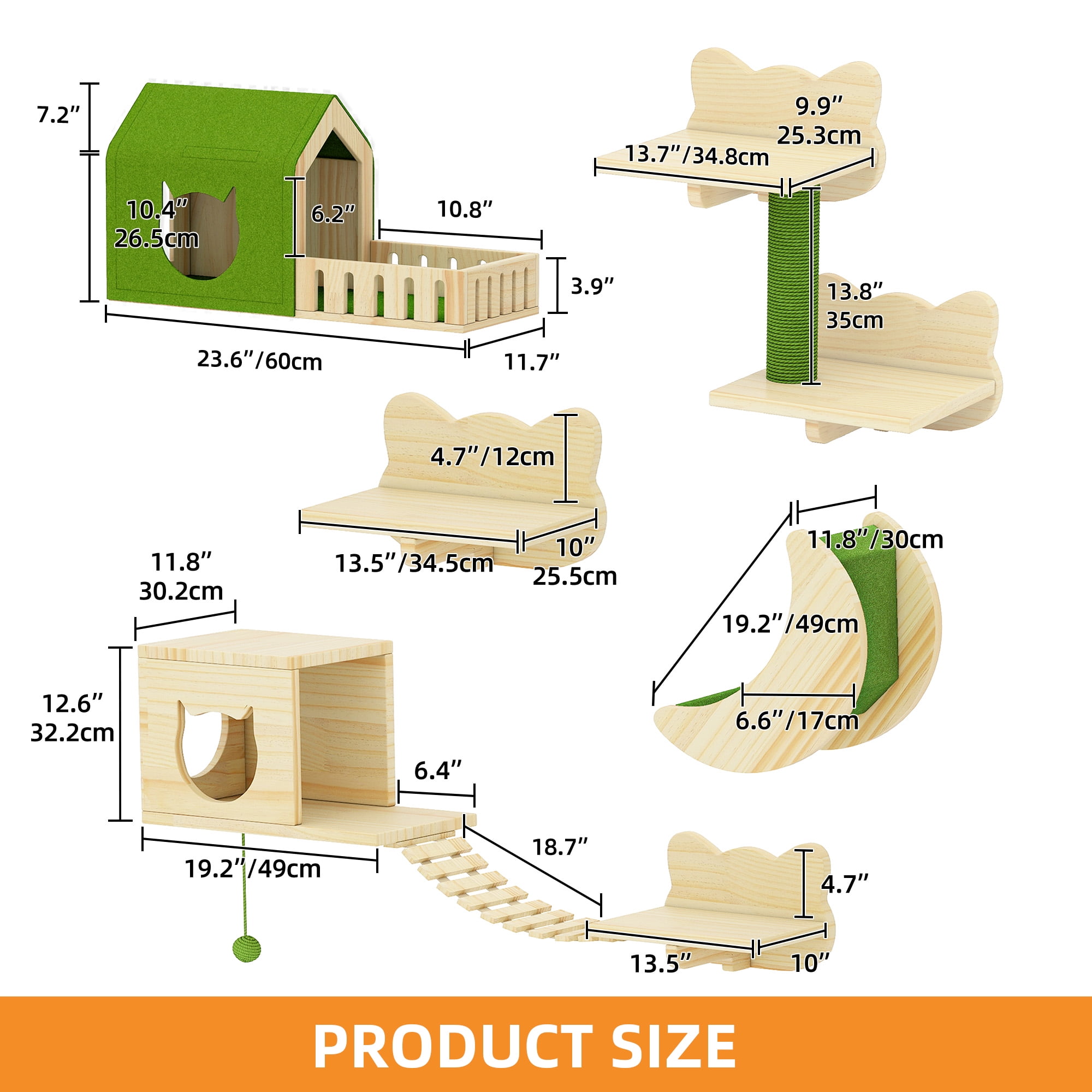 Craftian Wall Mounted Solid Wood Cat Wall Shelves with Wall House & Fence