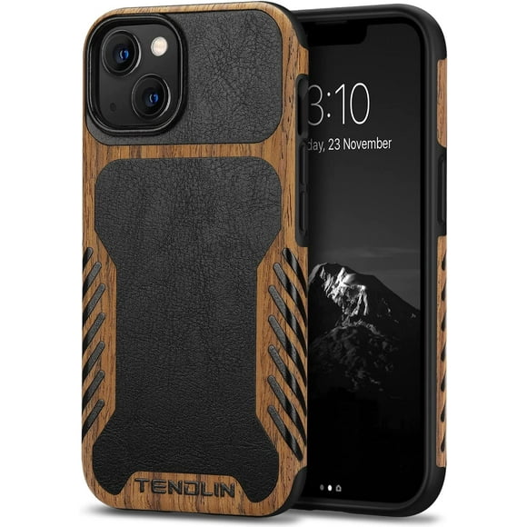 TENDLIN Compatible with iPhone 13 Mini Case Wood Grain with Leather Outside Design TPU Hybrid Case Compatible