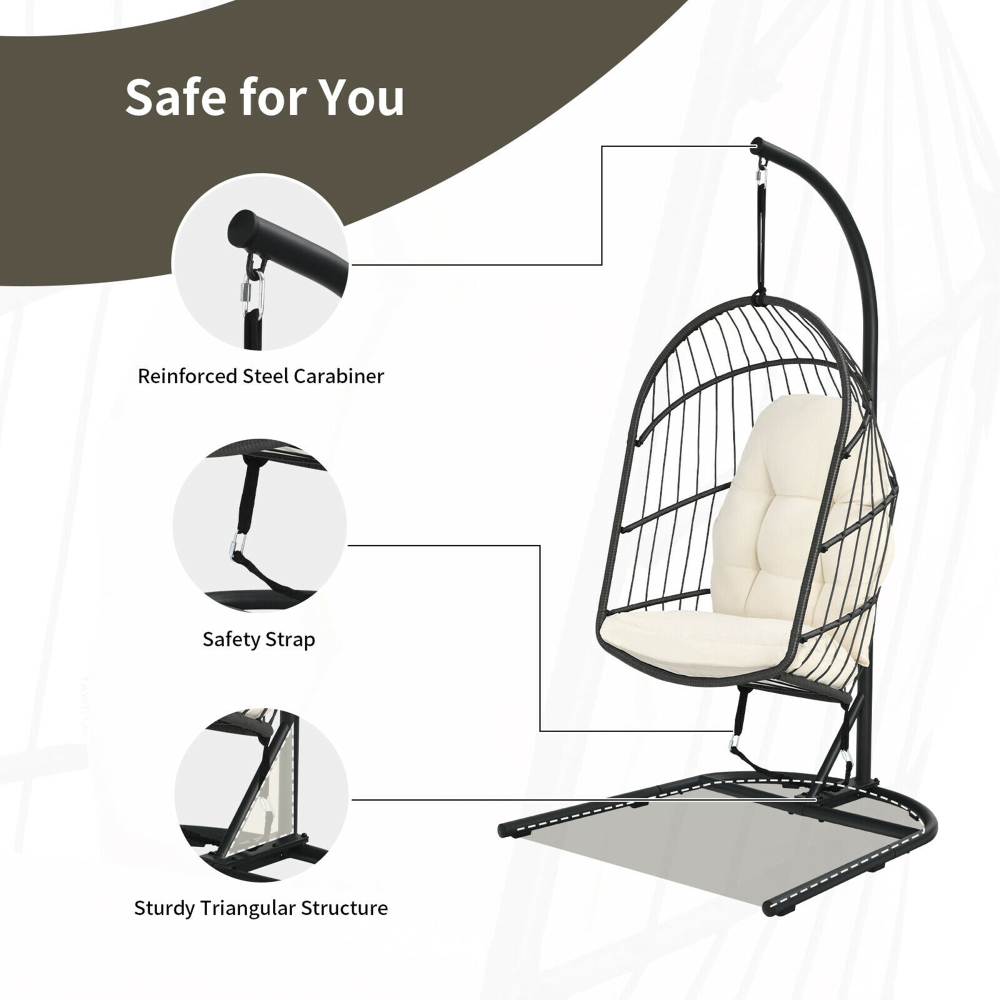 Gymax Hanging Hammock Patio Rattan Swing Egg Chair w/ Stand & Beige Cushions